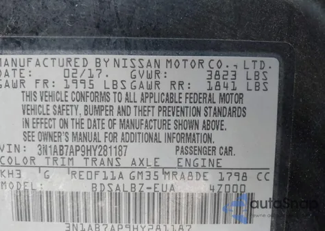2017 Nissan Sentra S from USA, damaged, VIN 3N1AB7AP9HY281187